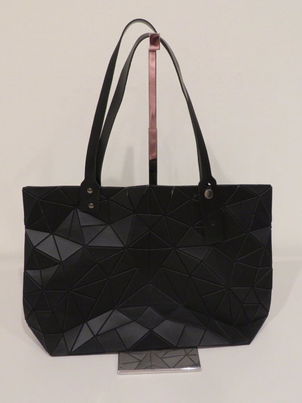 Geometric Mesh Panel Black Vegan Leather Tote Shoulder Bag